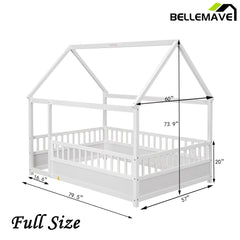 Bellemave® House Floor Bed with House Roof and Fence Guardrails - Bellemave