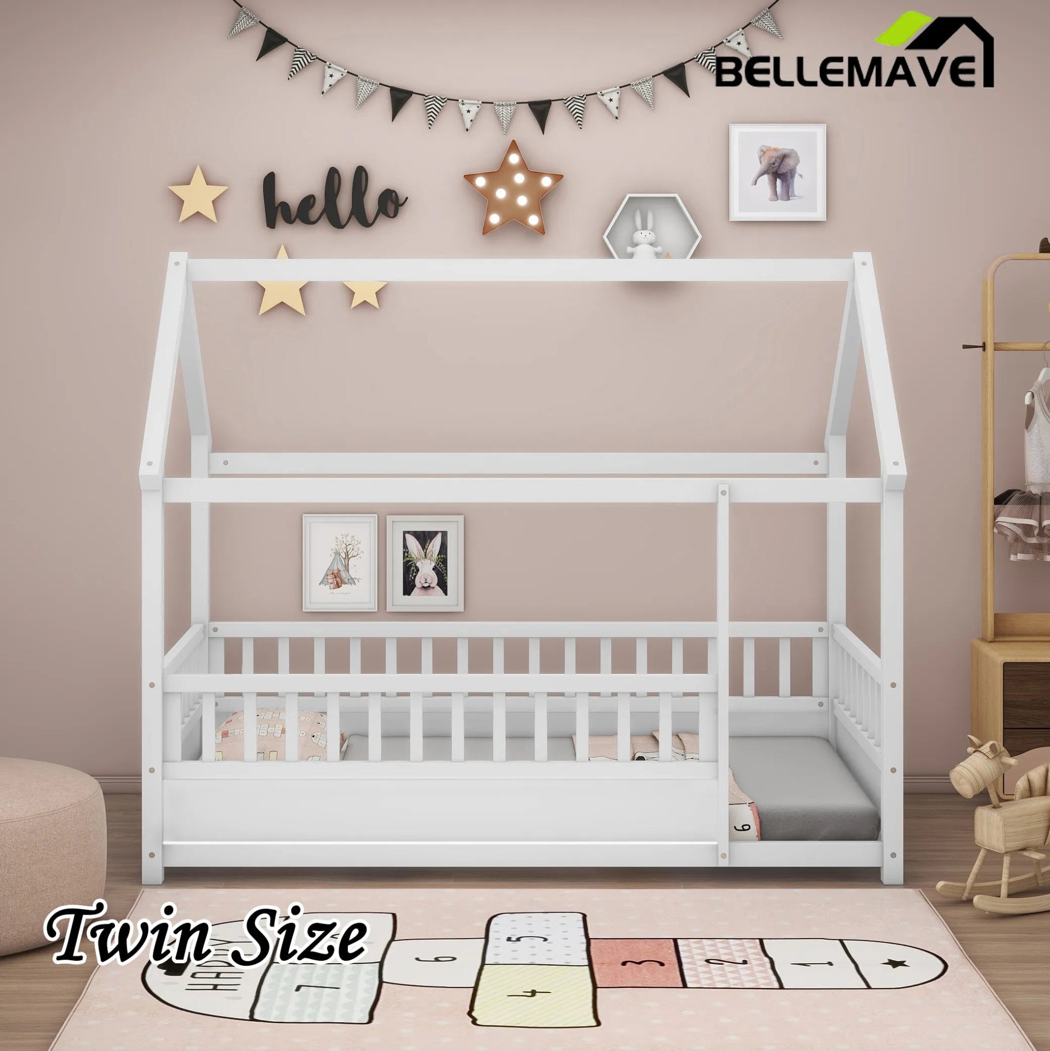 Bellemave® House Floor Bed with House Roof and Fence Guardrails - Bellemave
