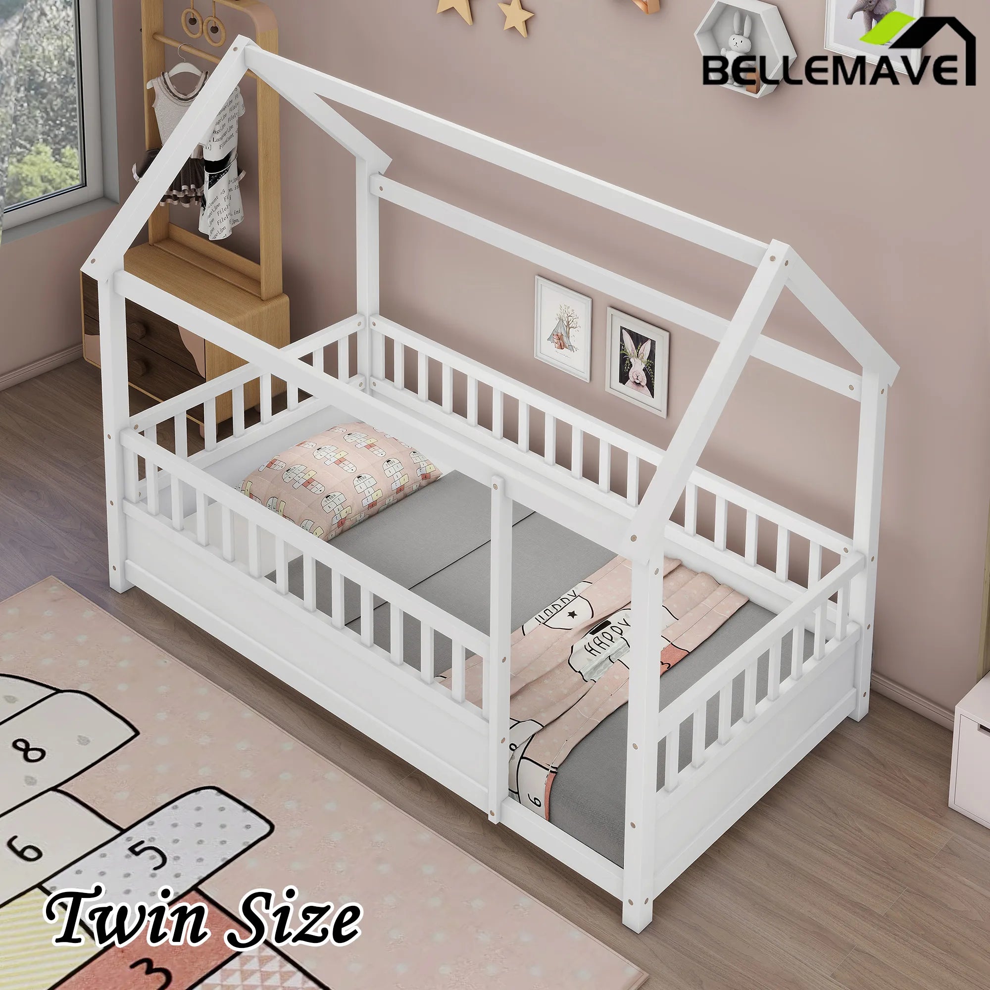 Bellemave® House Floor Bed with House Roof and Fence Guardrails - Bellemave