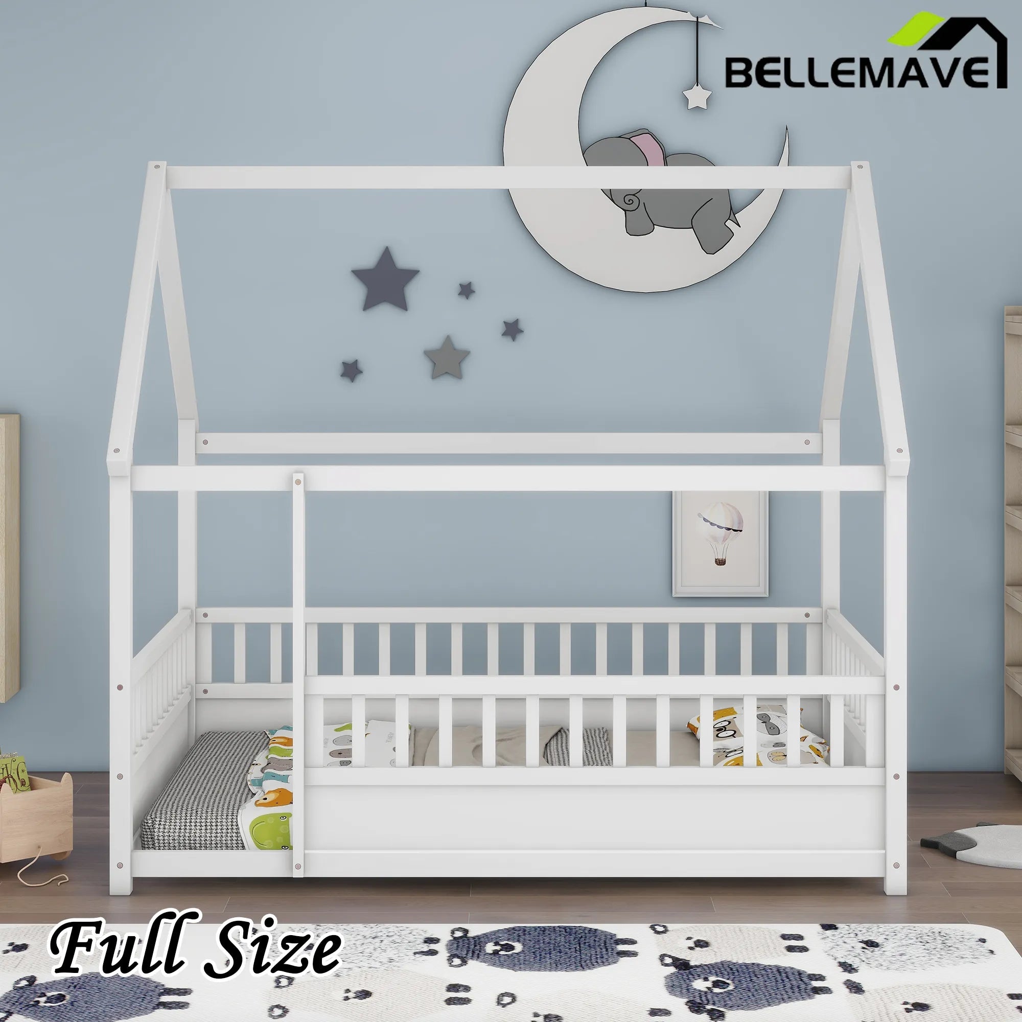 Bellemave® House Floor Bed with House Roof and Fence Guardrails - Bellemave