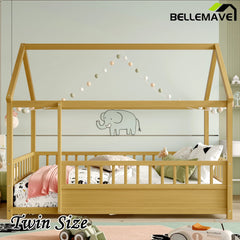 Bellemave® House Floor Bed with House Roof and Fence Guardrails - Bellemave