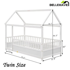 Bellemave® House Floor Bed with House Roof and Fence Guardrails - Bellemave