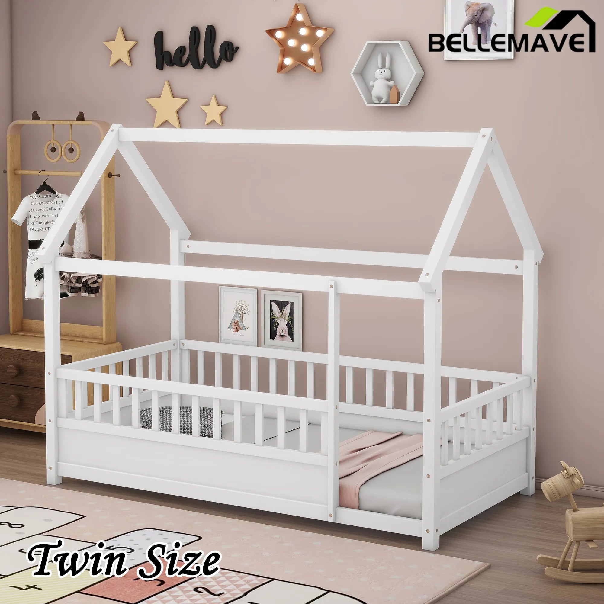 Bellemave® House Floor Bed with House Roof and Fence Guardrails - Bellemave