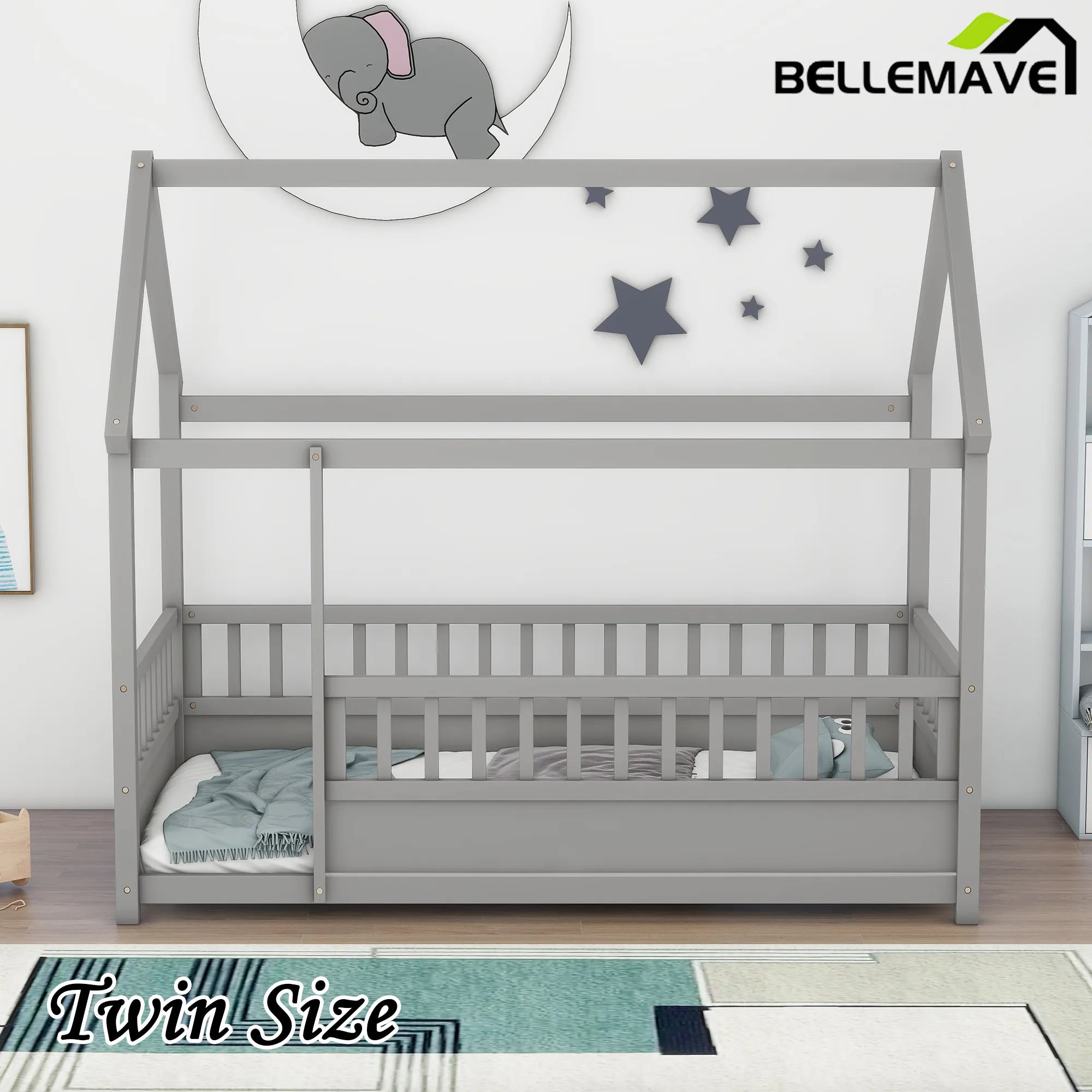 Bellemave® House Floor Bed with House Roof and Fence Guardrails - Bellemave