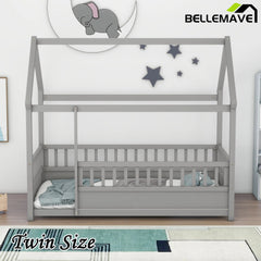 Bellemave® House Floor Bed with House Roof and Fence Guardrails - Bellemave
