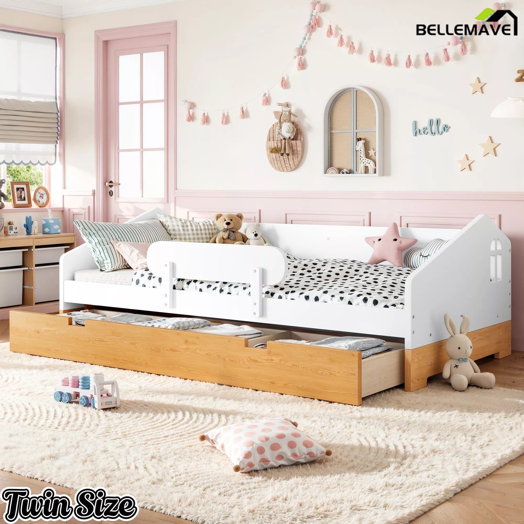 White house floor bed with storage drawers