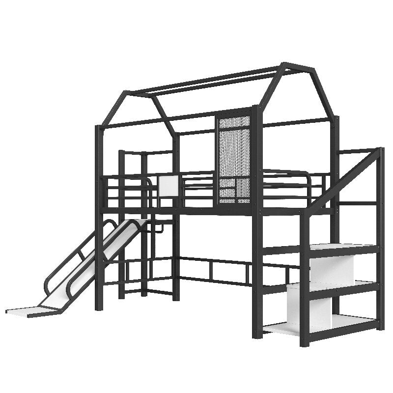 Bellemave® House Loft Bed Full Size, Full Size Loft Bed with Storage Stairs,Open Wardrobe and Slide,Black - Bellemave