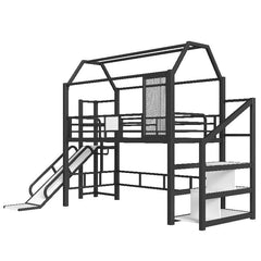 Bellemave® House Loft Bed Full Size, Full Size Loft Bed with Storage Stairs,Open Wardrobe and Slide,Black - Bellemave