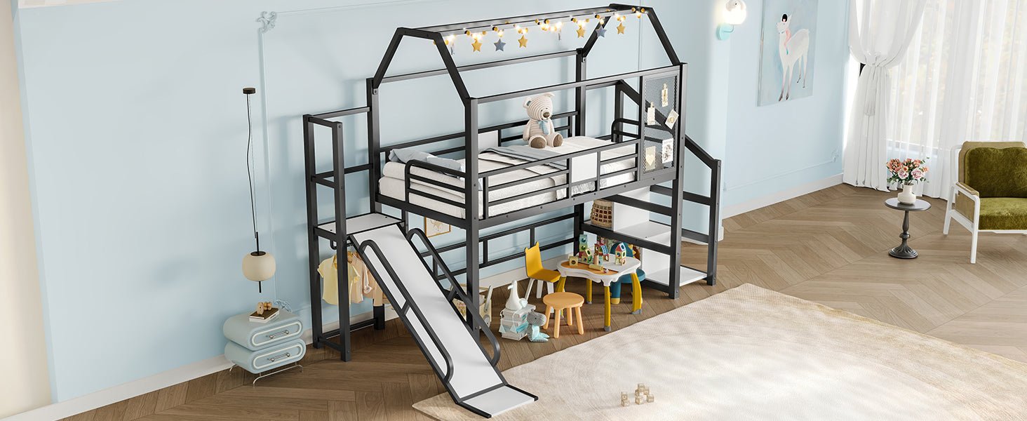 Bellemave® House Loft Bed Full Size, Full Size Loft Bed with Storage Stairs,Open Wardrobe and Slide,Black - Bellemave