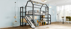 Bellemave® House Loft Bed Full Size, Full Size Loft Bed with Storage Stairs,Open Wardrobe and Slide,Black - Bellemave