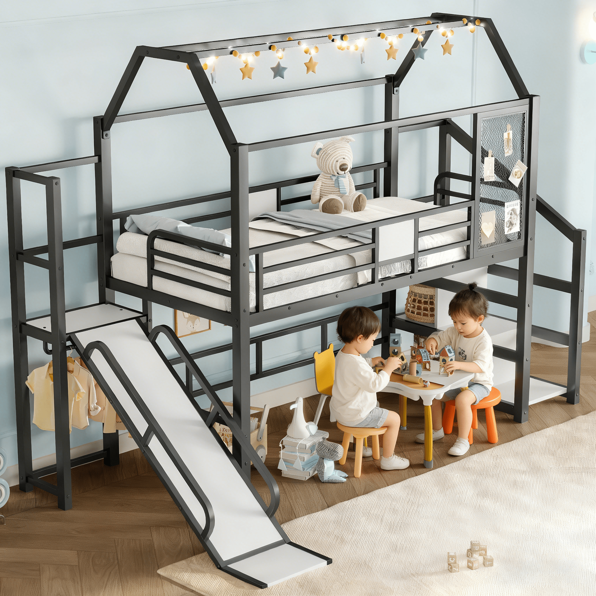 Bellemave® House Loft Bed Full Size, Full Size Loft Bed with Storage Stairs,Open Wardrobe and Slide,Black - Bellemave
