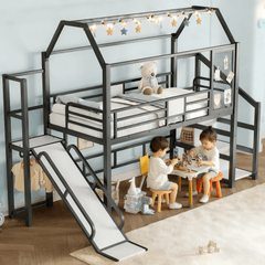Bellemave® House Loft Bed Full Size, Full Size Loft Bed with Storage Stairs,Open Wardrobe and Slide,Black - Bellemave