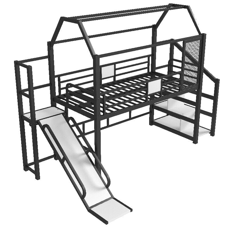 Bellemave® House Loft Bed Full Size, Full Size Loft Bed with Storage Stairs,Open Wardrobe and Slide,Black - Bellemave