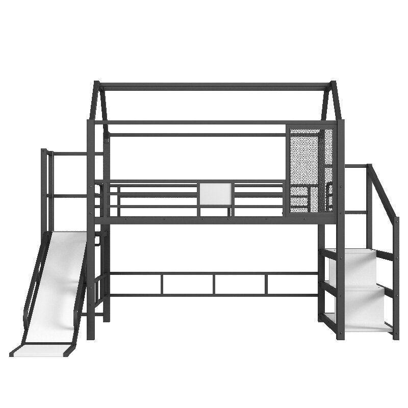 Bellemave® House Loft Bed Full Size, Full Size Loft Bed with Storage Stairs,Open Wardrobe and Slide,Black - Bellemave
