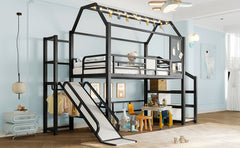 Bellemave® House Loft Bed Full Size, Full Size Loft Bed with Storage Stairs,Open Wardrobe and Slide,Black - Bellemave