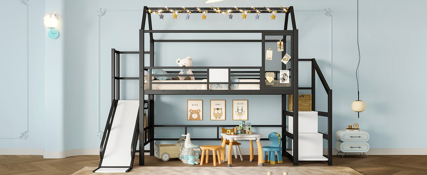 Bellemave® House Loft Bed Full Size, Full Size Loft Bed with Storage Stairs,Open Wardrobe and Slide,Black - Bellemave