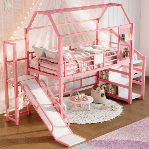 Bellemave® House Loft Bed Full Size, Full Size Loft Bed with Storage Stairs,Open Wardrobe and Slide,Black - Bellemave