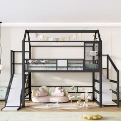 Bellemave® House Loft Bed Full Size, Full Size Loft Bed with Storage Stairs,Open Wardrobe and Slide,Black - Bellemave