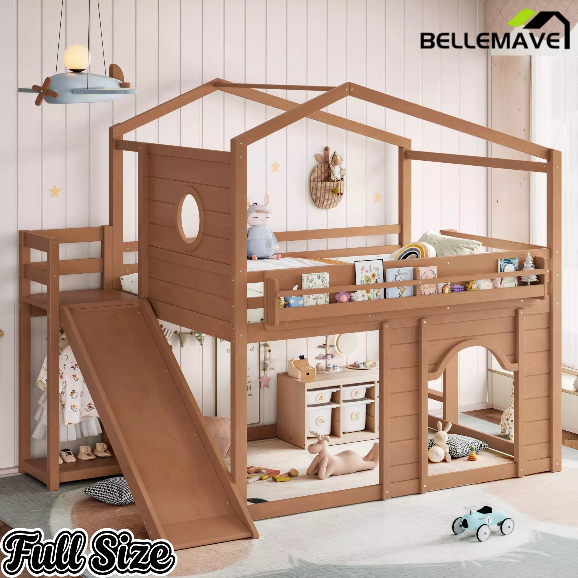 Bellemave® House Loft Bed with Slide, Bookshelves & Built-in Wardrobe | Natural Wood Playhouse Bunk Bed for Kids - Bellemave