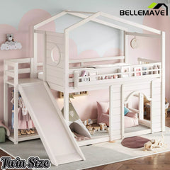 Bellemave® House Loft Bed with Slide, Bookshelves & Built-in Wardrobe | Natural Wood Playhouse Bunk Bed for Kids - Bellemave