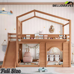 Bellemave® House Loft Bed with Slide, Bookshelves & Built-in Wardrobe | Natural Wood Playhouse Bunk Bed for Kids - Bellemave