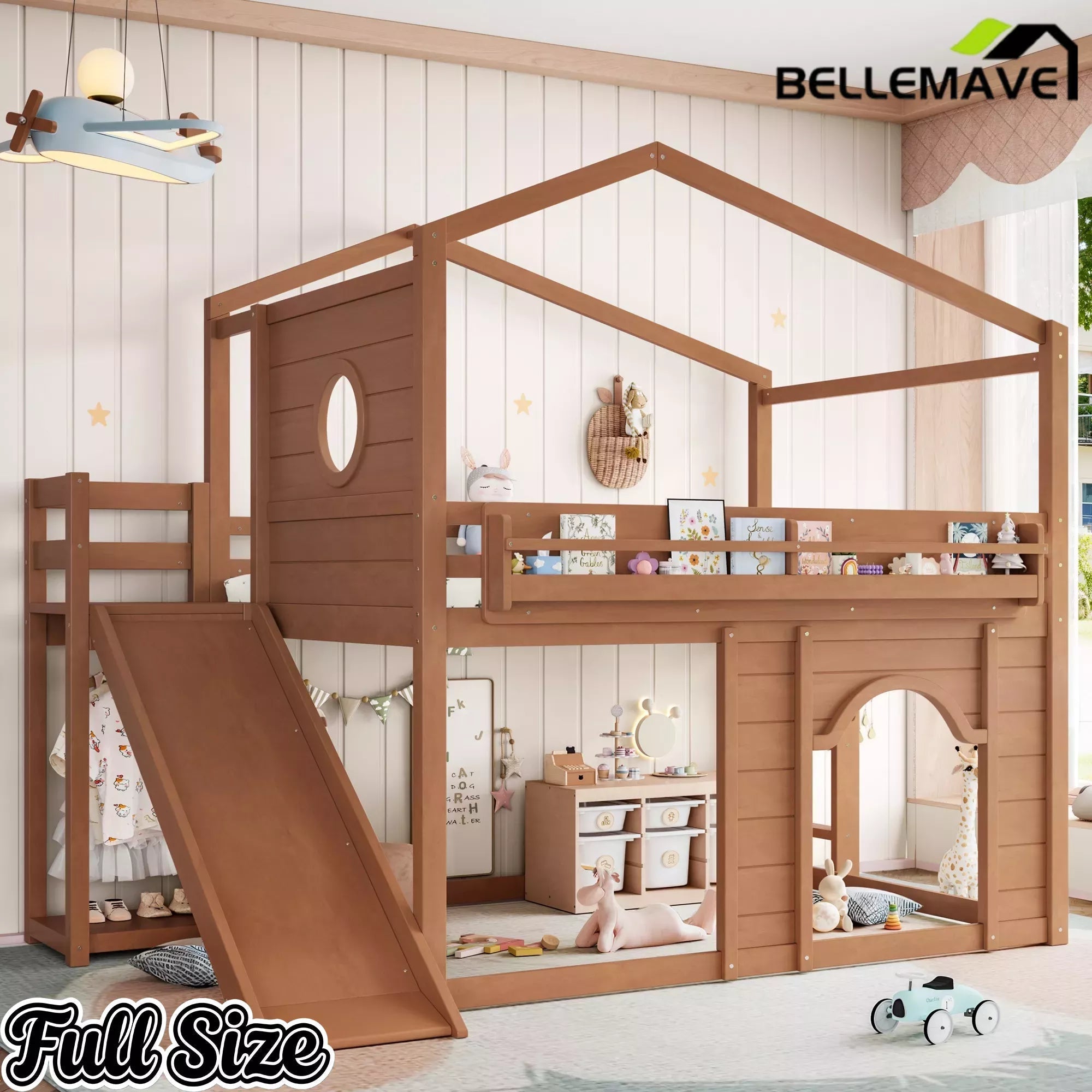 Bellemave® House Loft Bed with Slide, Bookshelves & Built-in Wardrobe | Natural Wood Playhouse Bunk Bed for Kids - Bellemave