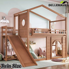 Bellemave® House Loft Bed with Slide, Bookshelves & Built-in Wardrobe | Natural Wood Playhouse Bunk Bed for Kids - Bellemave