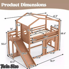 Bellemave® House Loft Bed with Slide, Bookshelves & Built-in Wardrobe | Natural Wood Playhouse Bunk Bed for Kids - Bellemave