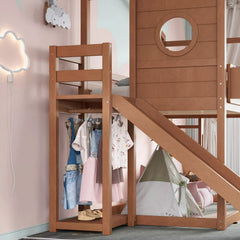 Bellemave® House Loft Bed with Slide, Bookshelves & Built-in Wardrobe | Natural Wood Playhouse Bunk Bed for Kids - Bellemave
