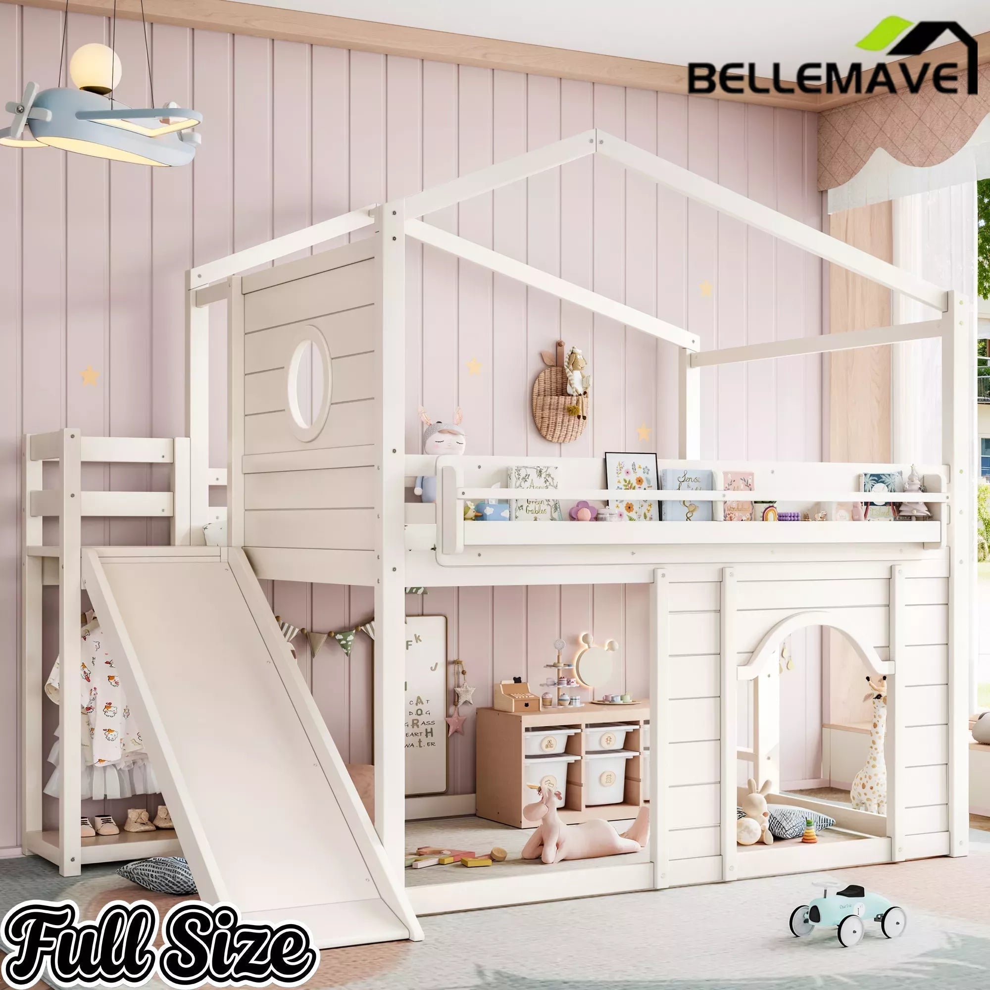 Bellemave® House Loft Bed with Slide, Bookshelves & Built-in Wardrobe | Natural Wood Playhouse Bunk Bed for Kids - Bellemave