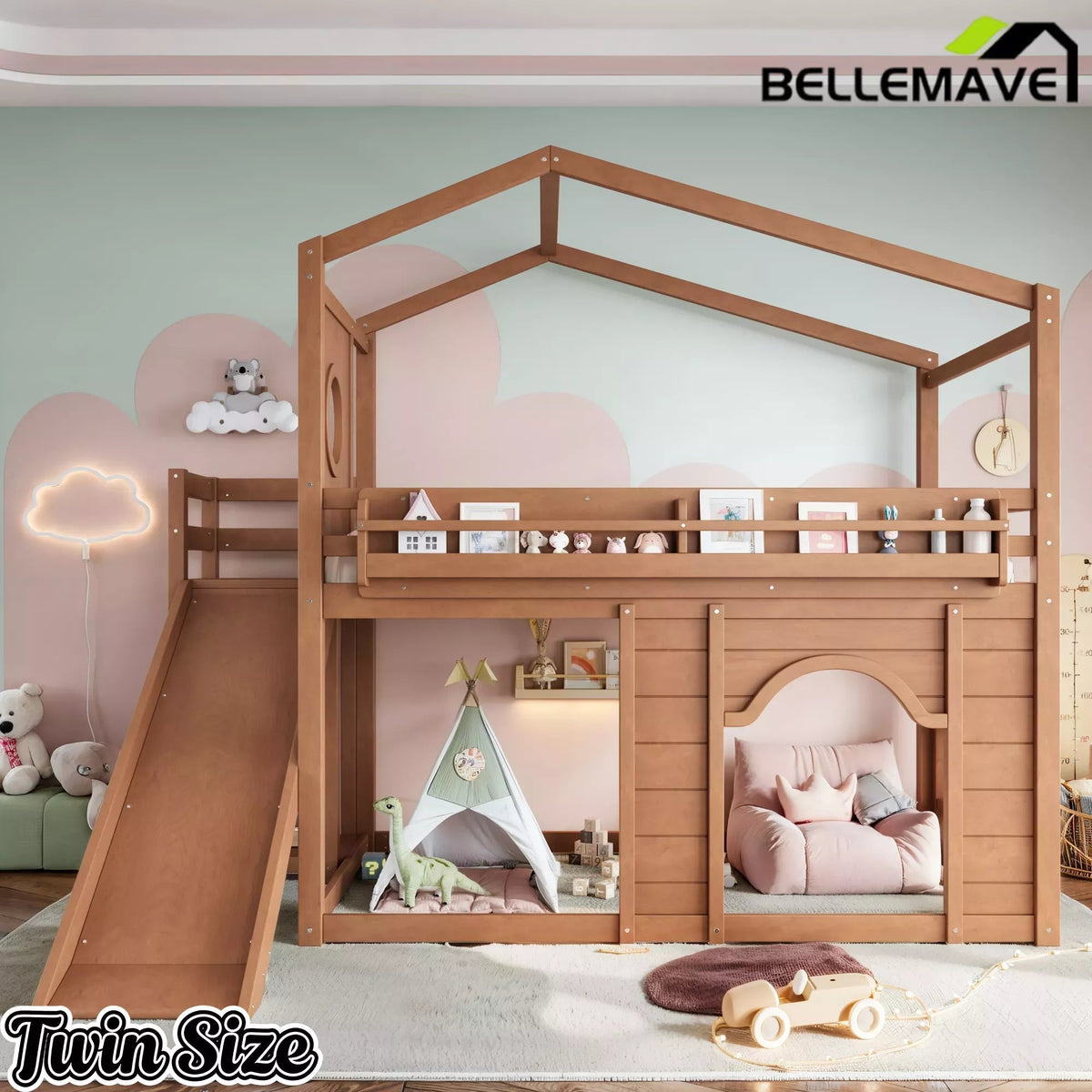 Bellemave® House Loft Bed with Slide, Bookshelves & Built-in Wardrobe | Natural Wood Playhouse Bunk Bed for Kids - Bellemave