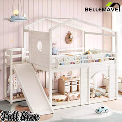 Bellemave® House Loft Bed with Slide, Bookshelves & Built-in Wardrobe | Natural Wood Playhouse Bunk Bed for Kids - Bellemave