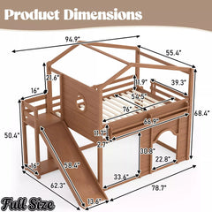 Bellemave® House Loft Bed with Slide, Bookshelves & Built-in Wardrobe | Natural Wood Playhouse Bunk Bed for Kids - Bellemave