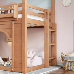 Bellemave® House Loft Bed with Slide, Bookshelves & Built-in Wardrobe | Natural Wood Playhouse Bunk Bed for Kids - Bellemave
