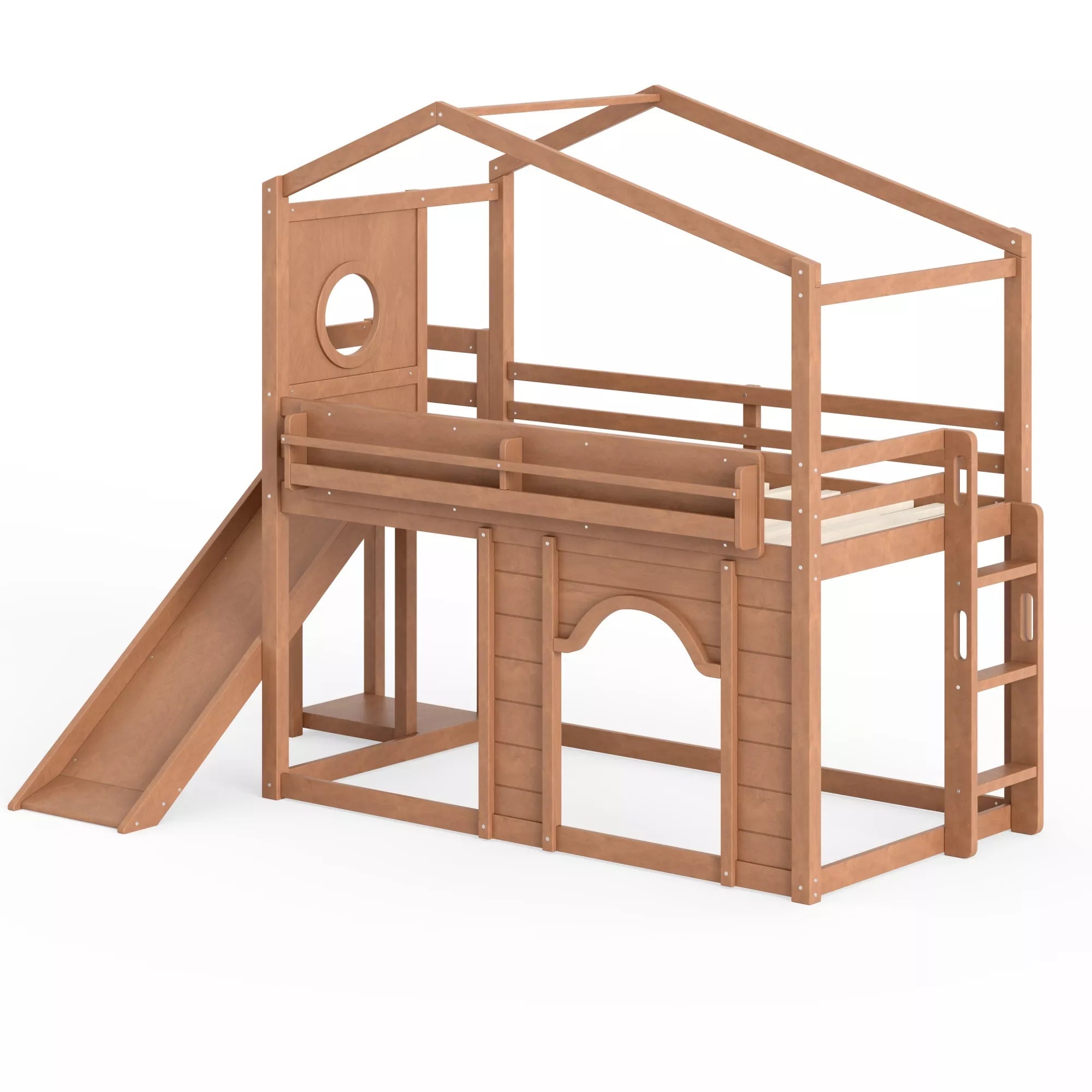 Bellemave® House Loft Bed with Slide, Bookshelves & Built-in Wardrobe | Natural Wood Playhouse Bunk Bed for Kids - Bellemave