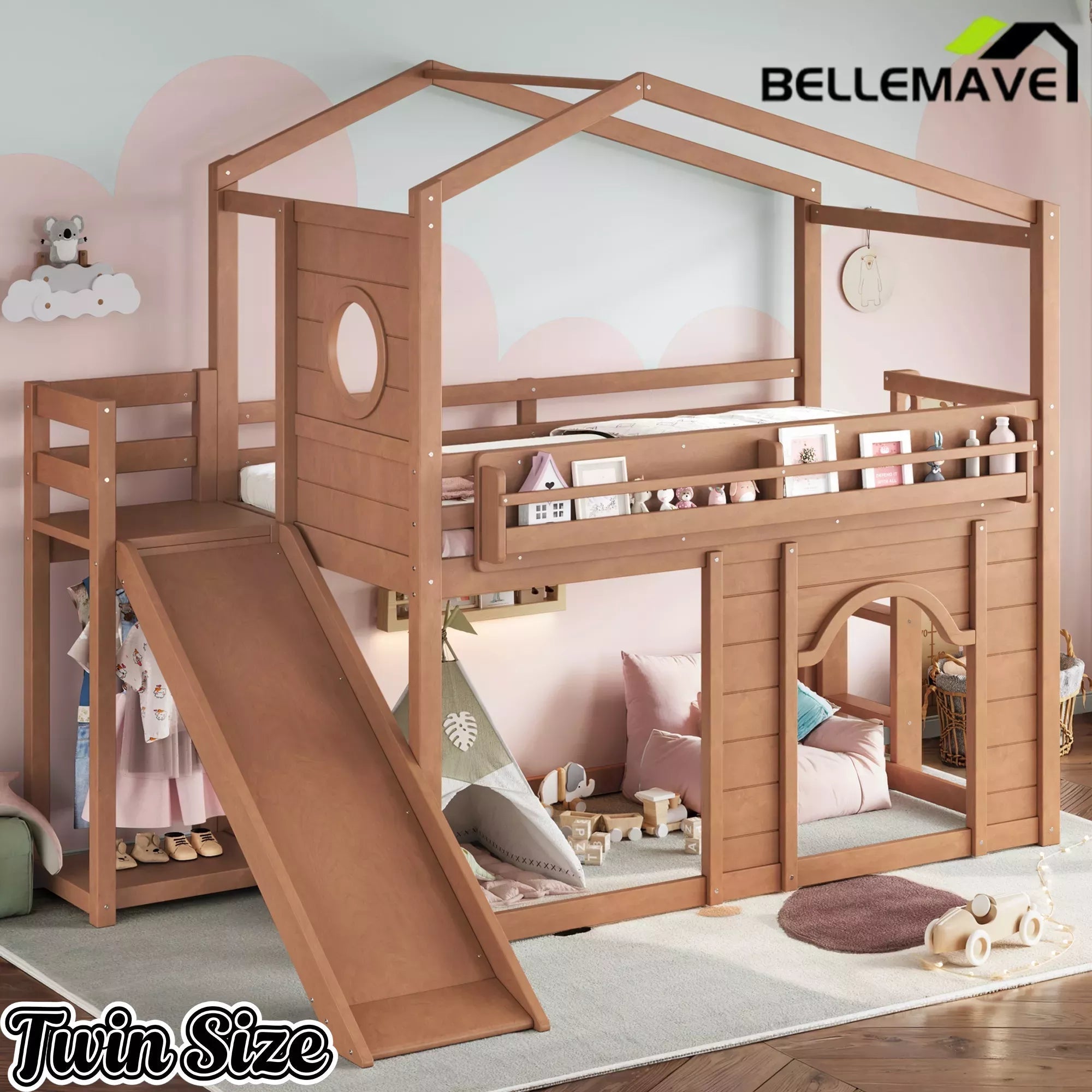 Bellemave® House Loft Bed with Slide, Bookshelves & Built-in Wardrobe | Natural Wood Playhouse Bunk Bed for Kids - Bellemave