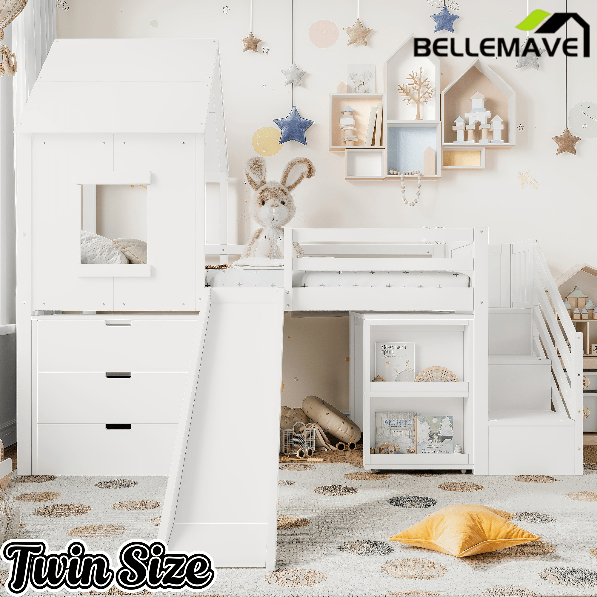 Bellemave® House Low Loft Bed with Slide and Storage Stairs, Twin Loft Bed with Removable Desk, 3 Drawers and Side Bookcase, Wood Loft Beds Frame for Girls, Boys, White - Bellemave