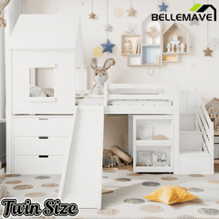 Bellemave® House Low Loft Bed with Slide and Storage Stairs, Twin Loft Bed with Removable Desk, 3 Drawers and Side Bookcase, Wood Loft Beds Frame for Girls, Boys, White - Bellemave