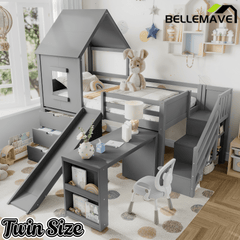 Bellemave® House Low Loft Bed with Slide and Storage Stairs, Twin Loft Bed with Removable Desk, 3 Drawers and Side Bookcase, Wood Loft Beds Frame for Girls, Boys, White - Bellemave