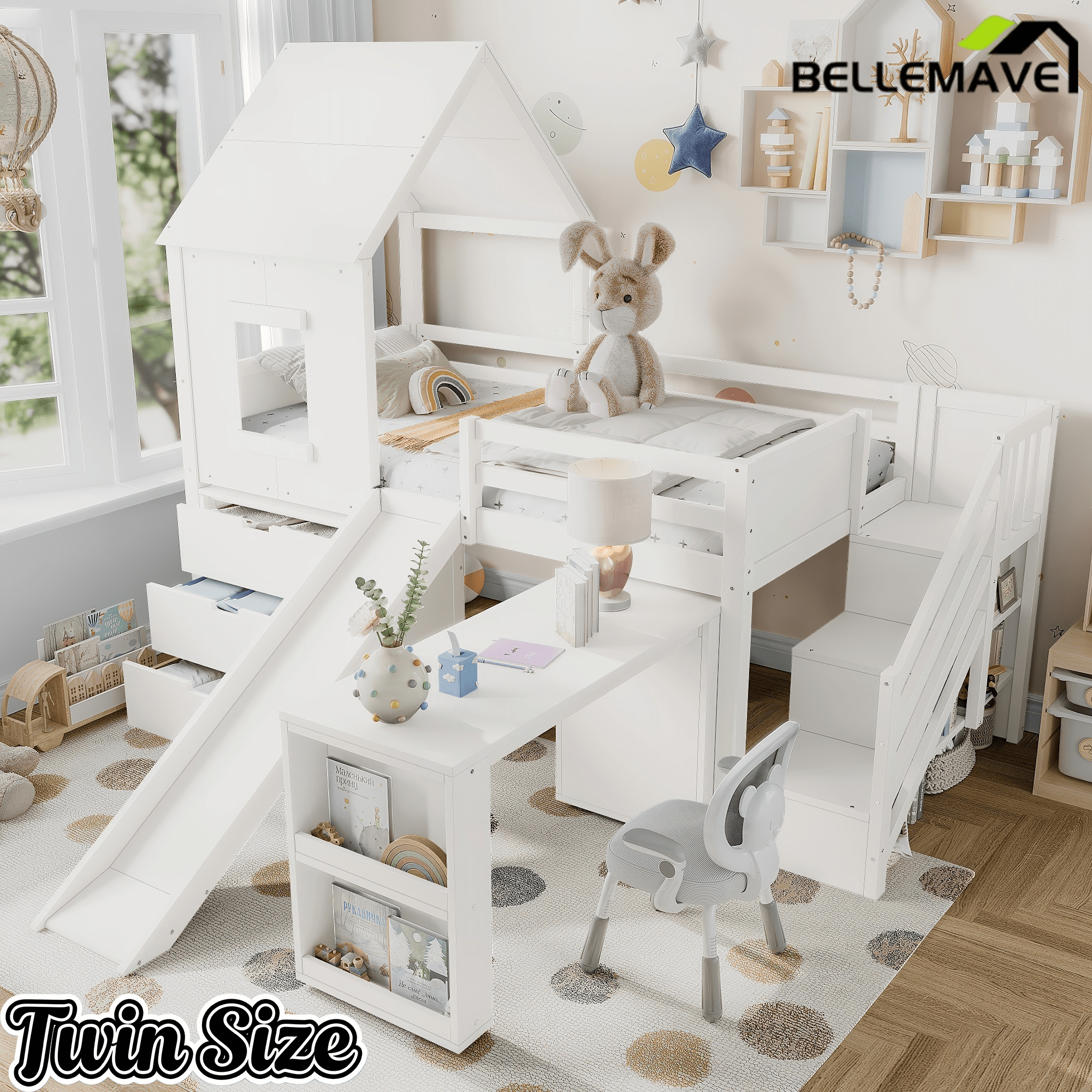 Bellemave® House Low Loft Bed with Slide and Storage Stairs, Twin Loft Bed with Removable Desk, 3 Drawers and Side Bookcase, Wood Loft Beds Frame for Girls, Boys, White - Bellemave