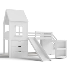 Bellemave® House Low Loft Bed with Slide and Storage Stairs, Twin Loft Bed with Removable Desk, 3 Drawers and Side Bookcase, Wood Loft Beds Frame for Girls, Boys, White - Bellemave