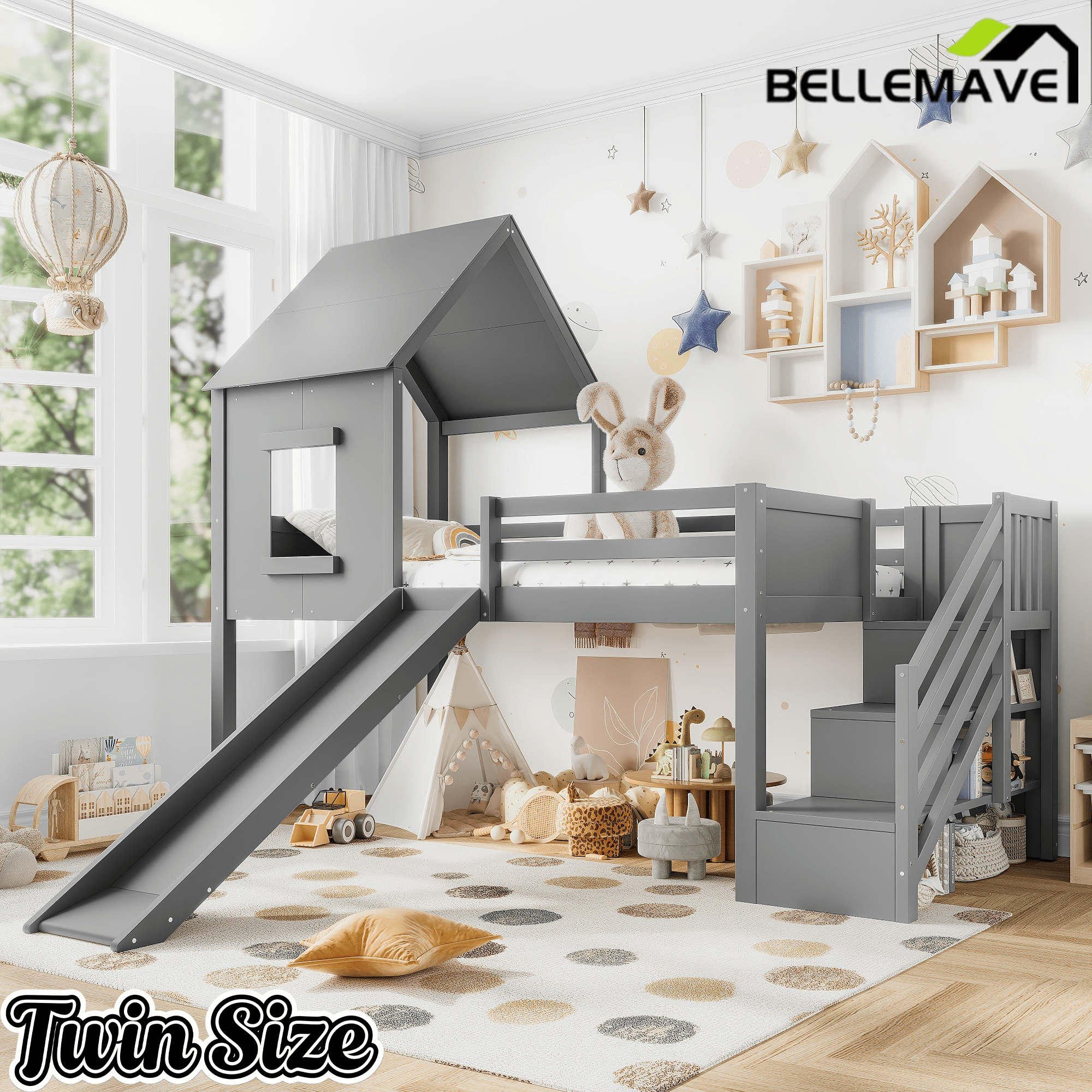 Bellemave® House Low Loft Bed with Slide and Storage Stairs, Twin Loft Bed with Removable Desk, 3 Drawers and Side Bookcase, Wood Loft Beds Frame for Girls, Boys, White - Bellemave