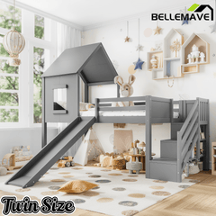 Bellemave® House Low Loft Bed with Slide and Storage Stairs, Twin Loft Bed with Removable Desk, 3 Drawers and Side Bookcase, Wood Loft Beds Frame for Girls, Boys, White - Bellemave