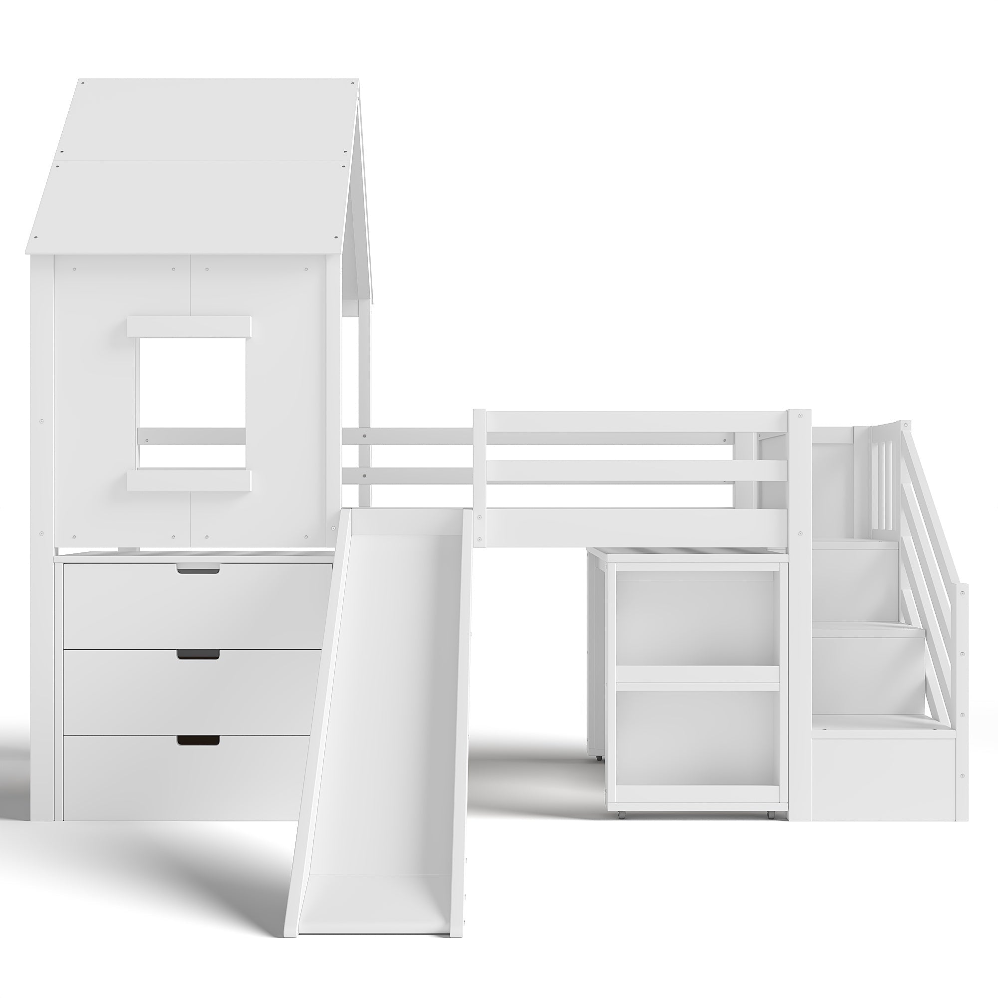 Bellemave® House Low Loft Bed with Slide and Storage Stairs, Twin Loft Bed with Removable Desk, 3 Drawers and Side Bookcase, Wood Loft Beds Frame for Girls, Boys, White - Bellemave