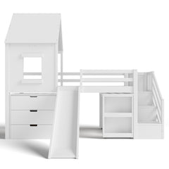 Bellemave® House Low Loft Bed with Slide and Storage Stairs, Twin Loft Bed with Removable Desk, 3 Drawers and Side Bookcase, Wood Loft Beds Frame for Girls, Boys, White - Bellemave