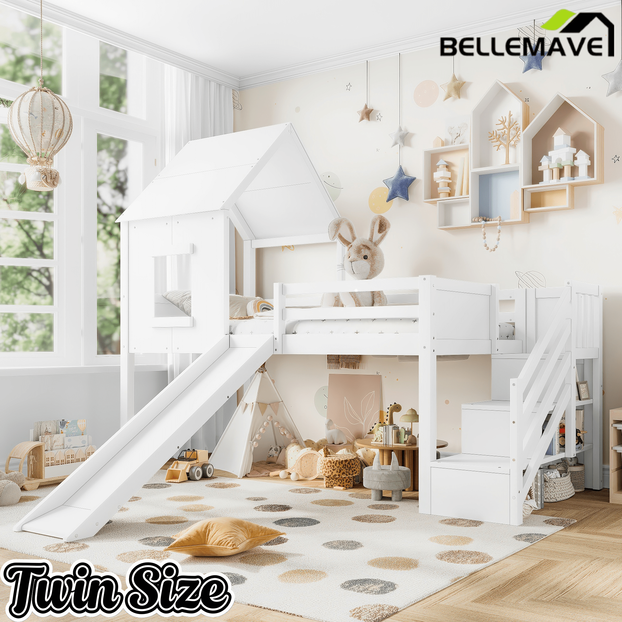 Bellemave® House Low Loft Bed with Slide and Storage Stairs, Twin Loft Bed with Removable Desk, 3 Drawers and Side Bookcase, Wood Loft Beds Frame for Girls, Boys, White - Bellemave