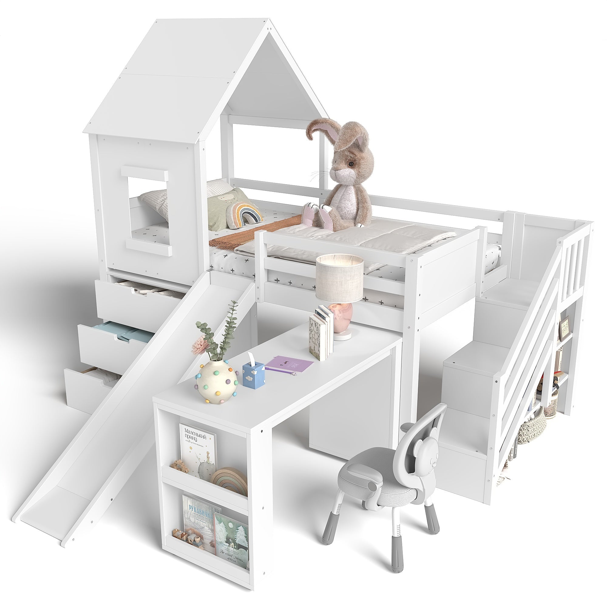 Bellemave® House Low Loft Bed with Slide and Storage Stairs, Twin Loft Bed with Removable Desk, 3 Drawers and Side Bookcase, Wood Loft Beds Frame for Girls, Boys, White - Bellemave