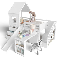 Bellemave® House Low Loft Bed with Slide and Storage Stairs, Twin Loft Bed with Removable Desk, 3 Drawers and Side Bookcase, Wood Loft Beds Frame for Girls, Boys, White - Bellemave