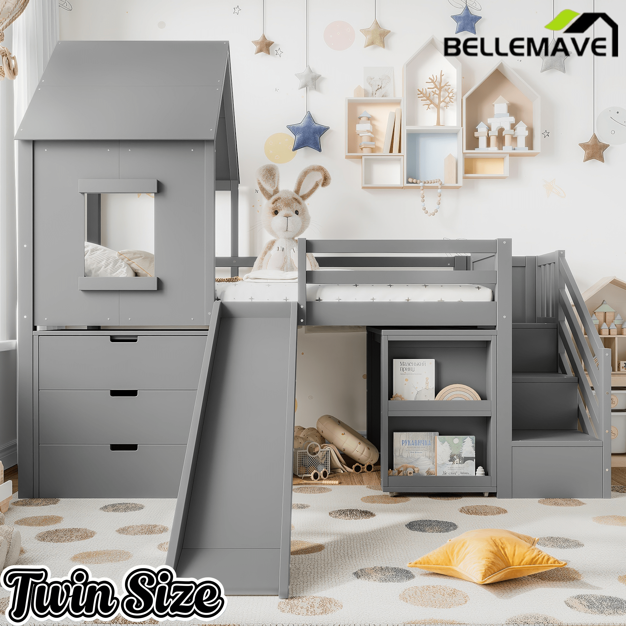 Bellemave® House Low Loft Bed with Slide and Storage Stairs, Twin Loft Bed with Removable Desk, 3 Drawers and Side Bookcase, Wood Loft Beds Frame for Girls, Boys, White - Bellemave