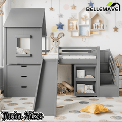 Bellemave® House Low Loft Bed with Slide and Storage Stairs, Twin Loft Bed with Removable Desk, 3 Drawers and Side Bookcase, Wood Loft Beds Frame for Girls, Boys, White - Bellemave